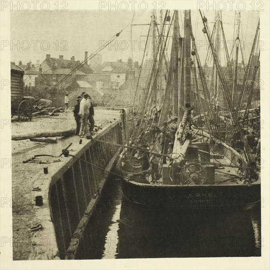 In Dock, 1887, Peter Henry Emerson, English, born Cuba, 1856–1936, England, Photoetching, pl. XIII from the album "Wild Life on a Tidal Water: The Adventures of a House-Boat and Her Crew" (1890), edition 270/500, 12.5 × 12.5 cm (image), 29.9 × 24.8 cm (paper)
