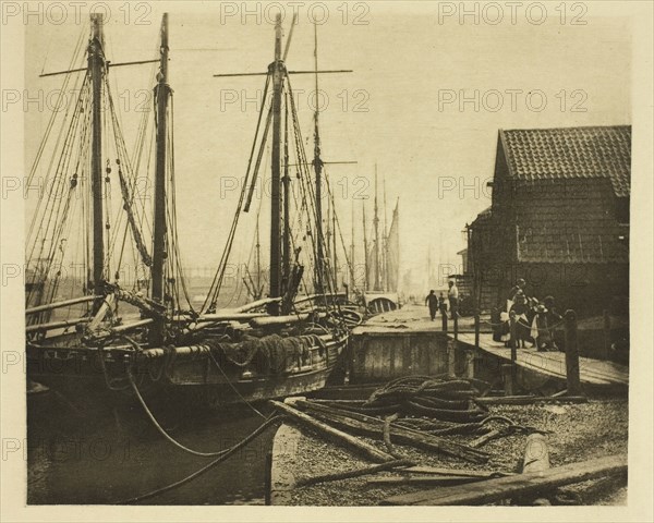 The Quays at Dinner-Time, 1887, Peter Henry Emerson, English, born Cuba, 1856–1936, England, Photoetching, pl. XIV from the album "Wild Life on a Tidal Water: The Adventures of a House-Boat and Her Crew" (1890), edition 270/50, 12.2 × 15 cm (image), 25 × 29.9 cm (paper)