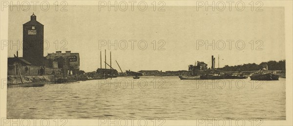 The North River, 1887, Peter Henry Emerson, English, born Cuba, 1856–1936, England, Photoetching, pl. XV from the album "Wild Life on a Tidal Water: The Adventures of a House-Boat and Her Crew" (1890), edition 270/50, 8.4 × 20.4 cm (image), 24.9 × 30.1 cm (paper)