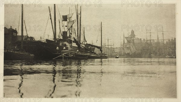 In Harbour, 1887, Peter Henry Emerson, English, born Cuba, 1856–1936, England, Photoetching, pl. XXIX from the album "Wild Life on a Tidal Water: The Adventures of a House-Boat and Her Crew" (1890), edition 270/500, 11 × 20.2 cm (image), 24.7 × 30.1 cm (paper)