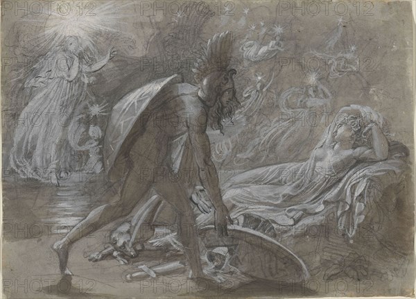 Fingal Mourning Over the Body of Malvina, from Ossian’s Berrathon, c. 1810, Anne-Louis Girodet de Roucy-Trioson, French, 1767-1824, France, Black chalk with brush and black ink and brown wash, heightened with white gouache, on ivory laid paper prepared with a gray wash, 184 × 257 mm