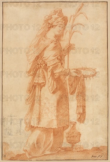 Samian Sibyl, c. 1630, Claude Vignon, French, 1593-1670, France, Red chalk with graphite on cream laid paper, 325 × 220 mm