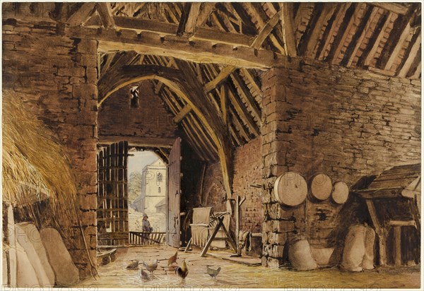 A Barn Interior, 1830/35, William Henry Hunt, English, 1790-1864, England, Watercolor, over graphite, with gum arabic, heightened with gouache and scratching out, on paper, 312 × 453 mm