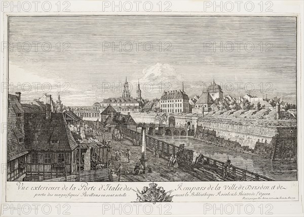 Exterior View of the Italian Gate of the Ramparts of the Town of Dresden, 1750, Bernardo Bellotto, Italian, 1721-1780, Italy, Etching on ivory laid paper, 531 x 838 mm (plate), 522 x 820 mm (sheet)