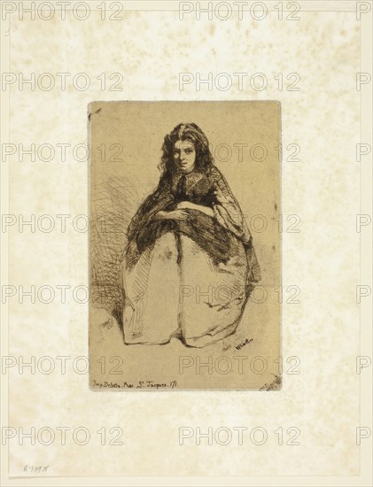 Fumette, 1858, James McNeill Whistler, American, 1834-1903, United States, Etching with foul biting in black ink on tan China paper, laid down on ivory wove paper (chine collé), 163 x 109 mm (plate), 261 x 198 mm (sheet)