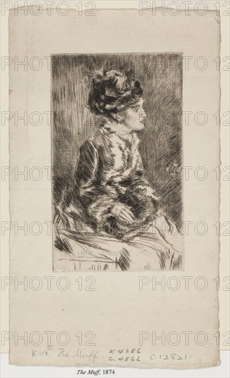 The Muff, 1874, James McNeill Whistler, American, 1834-1903, United States, Drypoint in black on ivory laid paper, 126 x 76 mm (image/plate), 206 x 122 mm (sheet)