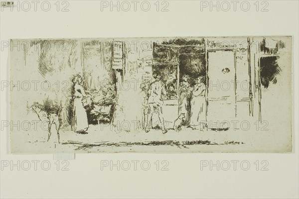 Newspaper-Stall, Rue de Seine, 1893, James McNeill Whistler, American, 1834-1903, United States, Etching in dark brown ink on light gray laid paper, 84 x 200 mm (sheet excluding tab), 88 x 200 mm (sheet including tab)