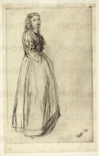 Fumette, Standing, 1859, James McNeill Whistler, American, 1834-1903, United States, Drypoint with plate tone in warm black on cream Japanese paper, 347 x 221 mm (image/plate), 383 x 241 mm (sheet)