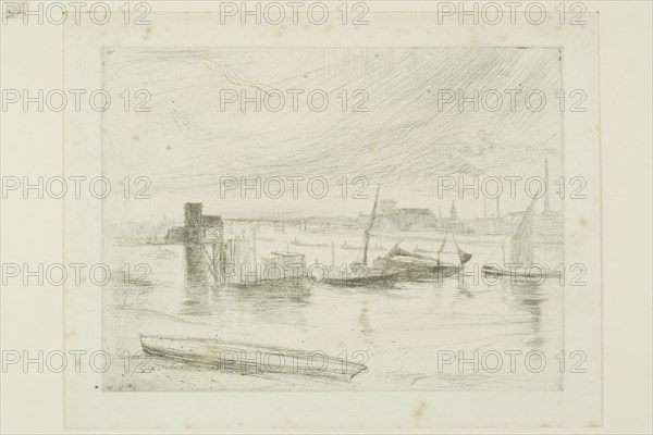 Battersea Dawn (Cadogan Pier), 1863, James McNeill Whistler, American, 1834-1903, United States, Etching and drypoint with foul biting in black ink on cream laid paper, 113 x 150 mm (plate), 137 x 175 mm (sheet)