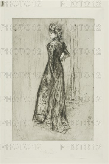 Maud, Standing, 1876–78, James McNeill Whistler, American, 1834-1903, United States, Etching and drypoint with foul biting in black ink on ivory laid paper, 227 x 152 mm (plate), 278 x 186 mm (sheet)