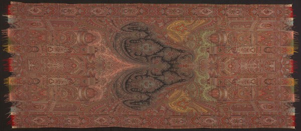 Shawl, c. 1855/62, Probably designed by Anthony Berrus, French, 1815–1883, France, probably Paris, France, Silk and wool, twill weave with supplementary patterning wefts bound in twill interlacings, main warp fringe, woven on a loom with a Jacquard attachment, 354 × 152.3 cm (129 3/8 × 59 7/8 in.)