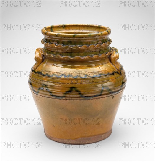 Jar, c. 1830, Edward William Farrar, American, 1807(?)-1845, Middlebury, Vermont, Active 1825/1839, United States, Earthenware and lead and copper glazes, 23.9 × 21.3 cm (9 3/8 i× 8 3/8 in.)