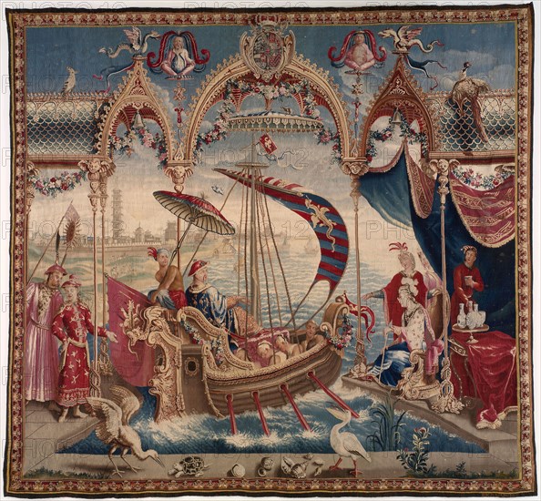 The Emperor Sailing, from The Story of the Emperor of China, 1716/22, After a design by Guy-Louis Vernansal (French, 1648–1729) and others, Woven at the Manufacture Royale de Beauvais under the direction of Pierre and Etienne Filleul (codirectors, 1711–22), France, Beauvais, Beauvais, Wool, silk, and silvered- and-gilt-metal-strip-wrapped silk, slit and double interlocking tapestry weave with some areas of 2:2 plain interlacings of silvered-and-gilt-metal wefts, 385.8 × 355 cm (151 3/4 × 139 3/4 in.)