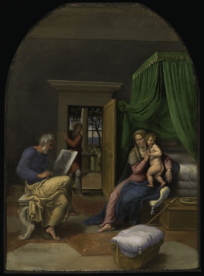 Saint Luke Drawing the Virgin and Christ Child, c. 1535, Girolamo da Carpi (Girolamo Sellari), Italian, c. 1501–1556, Oil on panel, 47 × 34 cm (18 × 13 3/8 in.) (arched)