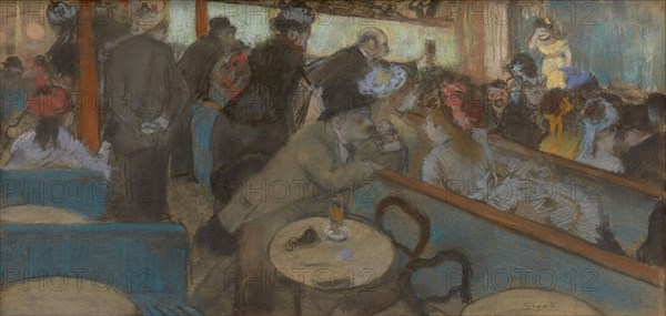 Café-Concert (The Spectators), 1876/77, Edgar Degas, French, 1834-1917, France, Pastel over monotype on buff wove paper, laid down on tan card, 201 × 415 mm (image/plate), 210 × 427 mm (sheet)