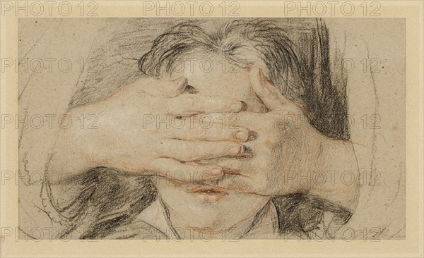 Guess My Name, 1821, Sir David Wilkie, Scottish, 1785–1841, United Kingdom, Black and red Conté crayon, with graphite, heightened with white chalk on tan laid paper, laid down, 103 x 180 mm (primary support), 180 x 257 mm (secondary support)