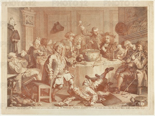 A Midnight Modern Conversation, March 1732/33, William Hogarth, English, 1697-1764, United Kingdom, Etching and engraving selectively printed in black and red on ivory laid paper, 329 x 455 mm (image), 345 X 470 mm (plate), 372 X 497 mm (sheet), Toe of a Shoe, 16th century, England, Leather, slashed, 14.8 × 9.4 cm   (5 7/8 × 3 3/4 in.)