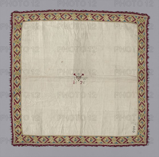 Handkerchief, 1676, Italy, Linen, plain weave, cut and drawn work, embroidered silk and gilt-metal-strip-wrapped silk in cross, satin, buttonhole, overcast, detached overcast, and four-sided stitches, edged with applied silk and gilt-metal-strip-wrapped silk braid, 43.5 x 44.4 cm (17 1/8 x 17 1/2 in.)