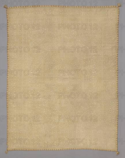 Cover, 1601/50, India, Bengal, India, Three panels joined: silk (tussar), plain weave, embroidered with cotton in chain (tambour work) stitches, lining: cotton, plain weave, edging: silk, plain weave with looped and plied warp fringe, attached silk and cotton tassels at all four corners, 301 x 237.5 cm (118 1/2 x 93 in.)