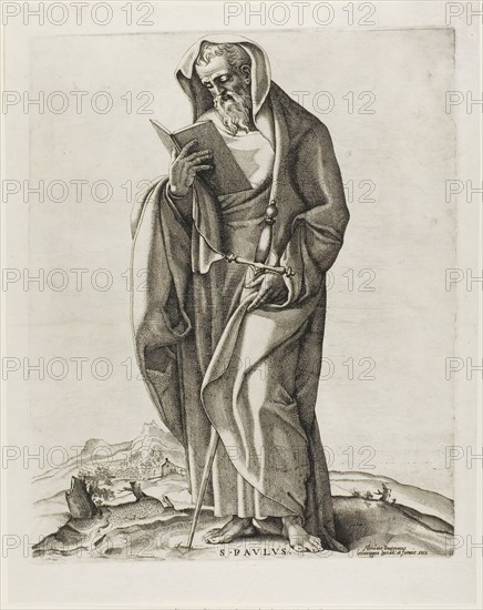 An Old Man Standing: Saint Paul, c. 1545, Nicolas Beatrizet, French, 1515-1565, France, Engraving on ivory laid paper, 382 × 310 mm (image/plate), 436 × 341 mm (sheet)