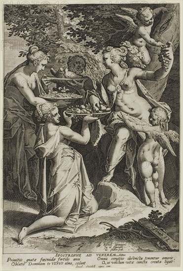 Venus Receiving Gifts, c. 1588, Aegidius Sadeler (Flemish, 1570-1629), after Bartholomaeus Spranger (Flemish, 1546-1611), Flanders, Engraving in black on ivory laid paper, 278 × 186 mm (image/sheet, sight), cut within platemark