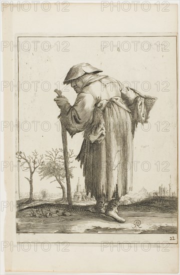 Marching Beggar Woman with a Basket, 1634/38, Pieter Jansz Quast, Dutch, 1606-1647, The Netherlands, Engraving, with etching, on cream laid paper, 170 x 162 mm (image), 213 x 161 mm (plate), 267 x 174 mm (sheet)