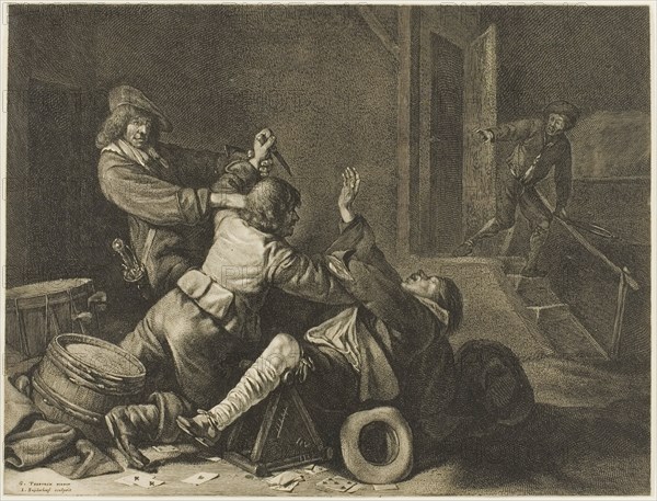 Three Men Struggling in an Interior, n.d., Jonas Suyderhoef (Dutch, c. 1613-1686), after Gerard ter Borch (Dutch, 1617-1681), The Netherlands, Etching in black on cream laid paper, 286 x 377 mm (image), 288 x 378 mm (sheet), cut within platemark