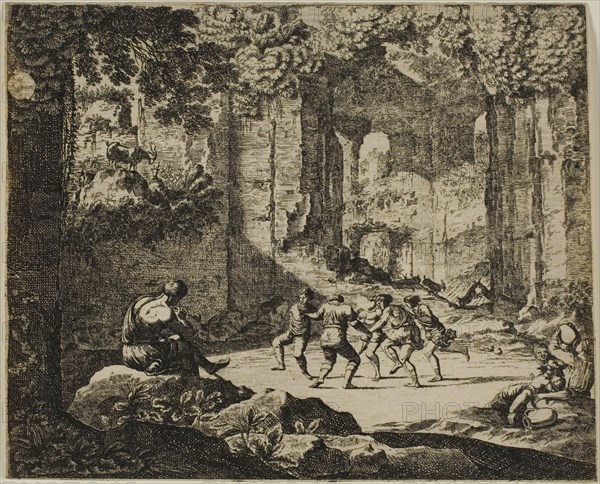 Dance of Shepherds in Antique Ruins, n.d., Jean le Pautre, French, 1618-1682, France, Etching on ivory laid paper, 146 × 180 mm