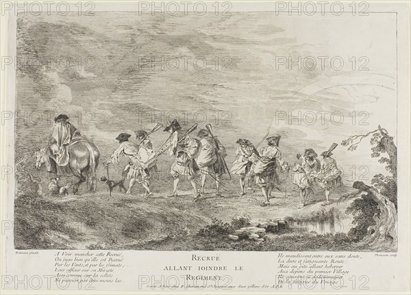 Recruits Going to Join the Regiment, 1717–26, Henri-Simon Thomassin (French, 1687-1741), after Antoine Watteau (French 1684-1721), published by François Chéreau (French 1680-1729), France, Etching, with engraving on off-white laid paper, 208 × 334 mm (image), 248 × 349 mm (plate), 251 × 352 mm (sheet)
