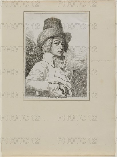 Portrait of B. Reading, Engraver, June 16, 1798, Samuel de Wilde, English, 1748-1832, United Kingdom, Etching on white wove paper, tipped to cream wove paper, 161 x 118 mm (image/plate/sheet), 286 x 209 mm (secondary support)