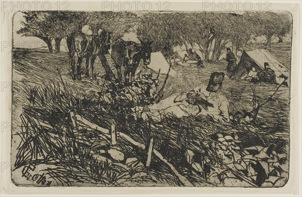 The Letter at Camp, c. 1893, Giovanni Fattori, Italian, 1825-1908, Italy, Etching on cream wove paper, 128 x 202 mm (image/plate), 140 x 215 mm (sheet)