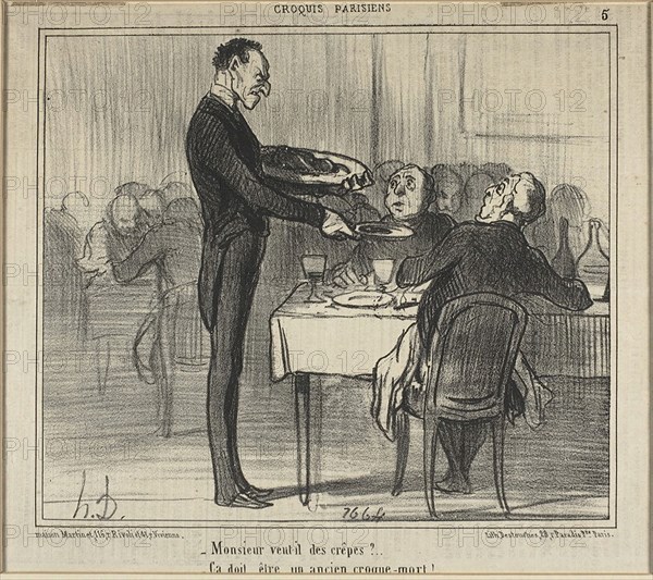 Would Monsieur like some crêpes?.., He must have been an undertaker, plate five from Croquis Parisiens (Parisian Sketches), published May 9, 1855, Honoré Victorin Daumier (French, 1808-1879), published by Le Charivari (French, 1832-1915), France, Lithograph on cream wove paper, 235 × 240 mm (image), 250 × 360 mm (sheet)