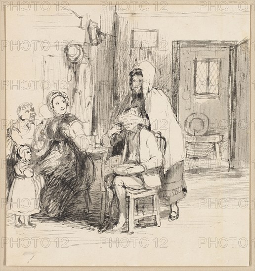 Guess My Name, c. 1821, Sir David Wilkie, Scottish, 1785–1841, United Kingdom, Brush and gray wash on off-white wove paper, discolored to beige, laid down on off-white wove card with gilt border, laid down on cream laid paper, 108 x 100 mm (primary support), 120 x 116 mm (secondary support), 267 x 203 mm (tertiary support)