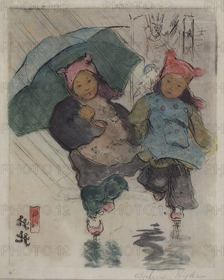 In the Rain, 1898, Helen Hyde, American, 1868-1919, United States, Etching, with watercolor and pastel, on ivory wove paper, 193 x 153 mm (image/plate), 233 x 188 mm (sheet)