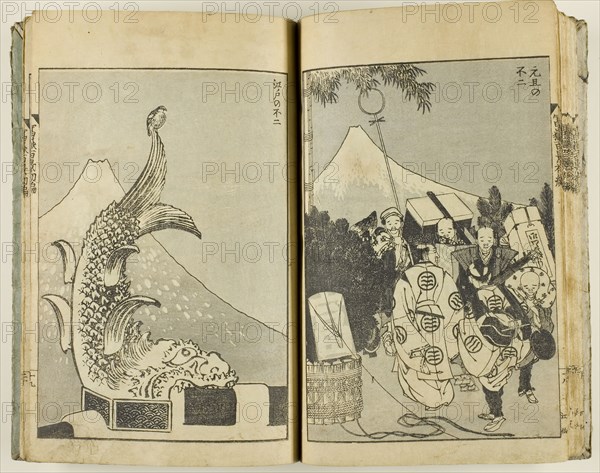 Fugaku hyakkei (100 Views of Mt. Fuji), v. 1–3 of 3 published, 1834–5 (v. 1–2), c. 1849 (v. 3), Katsushika Hokusai ?? ??, Japanese, 1760-1849, Japan, book, woodblock printed, 22.5 x 15.5 cm (8 7/8 x 6 1/8 in.) (closed), 22.5 x 28.3 cm (8 7/8 x 11 1/8 in.) (opened)