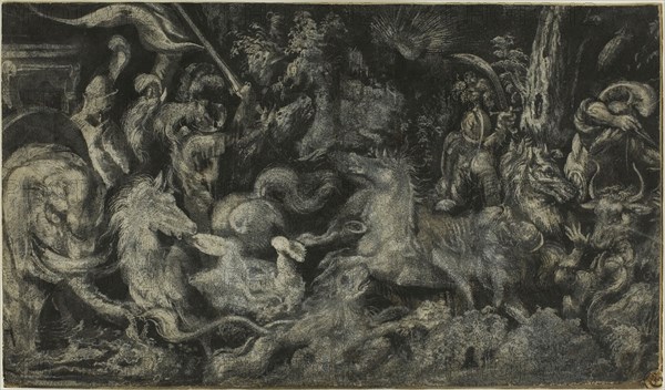 A Nightmare, after 1573, Melchior Bocksberger, German, c. 1530/35-1587, Germany, Brush and white gouache on cream laid paper prepared with a black wash, laid down onto a partial ivory laid paper mount, 209 × 364 mm