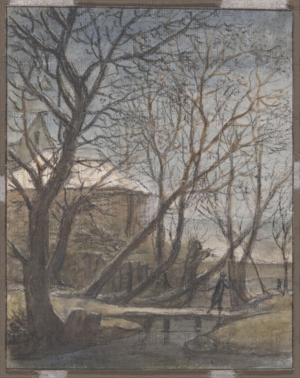 Winter Landscape with a Man Crossing, c. 1660, Anthonie Waterloo, Dutch, 1609-1690, Netherlands, Black chalk, over translucent and opaque watercolors, with touches of white chalk (recto) and pen and brown ink ledger (verso) on off-white laid paper, incised for transfer, 197 x 158 mm