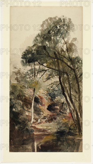 A Wooded River Landscape, 1839/40, Peter de Wint, English, 1784-1849, England, Watercolor, over graphite, on cream wove paper (pieced) laid down on ivory wove paper, 320 × 162 mm
