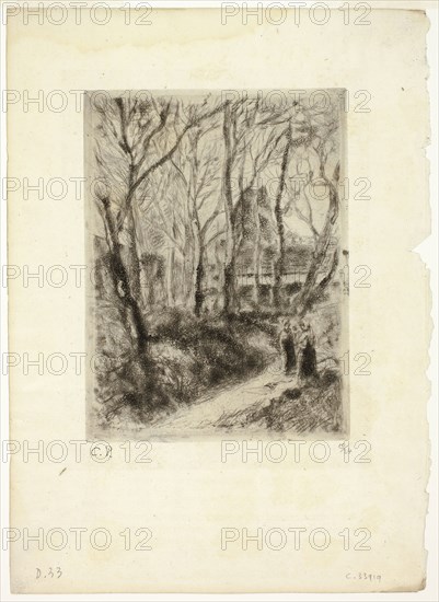 Path at Pontoise, 1882, Camille Pissarro, French, 1830-1903, France, Aquatint and drypoint in black on cream laid paper, 152 × 110 mm (image), 159 × 119 mm (plate), 264× 192 mm (sheet)