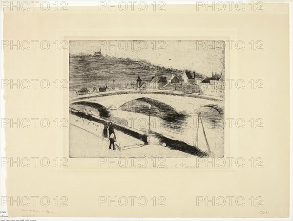 The Stone Bridge at Rouen, 1887, Camille Pissarro, French, 1830-1903, France, Soft ground etching and drypoint in black on tan laid paper, 149 × 196 mm (image/plate), 268 × 362 mm (sheet)