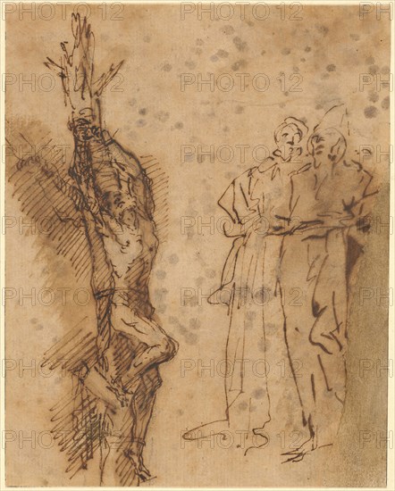 Study for Polycrates’ Crucifixion, c. 1662, Salvator Rosa, Italian, 1615-1673, Italy, Pen and brown iron gall ink, with brush and brown wash, over traces of graphite on buff laid paper, laid down on cream laid paper, 177 x 141 mm