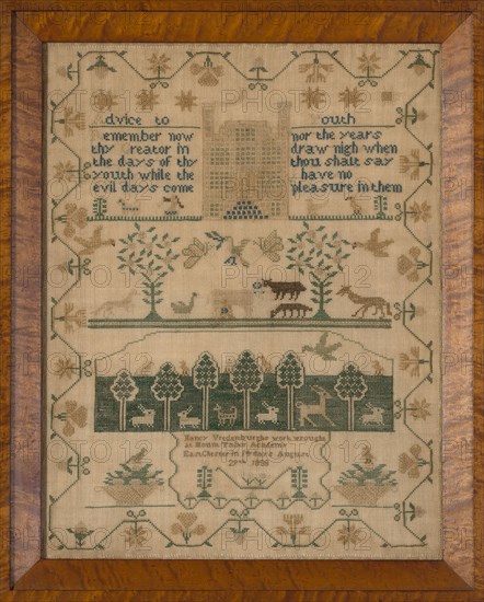 Sampler, 1838, Nancy Vredenburgh (American, active c. 1838), United States, New York, Westchester County, East Chester, Mount Tabor Academy, New York, Linen, plain weave, drawnwork, embroidered with silk floss in cross stitches, 64.7 x 52.4 cm (25 1/2 x 20 5/8 in.)