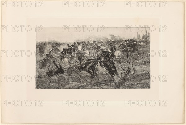The Cavalry Charge, 1889, Giovanni Fattori, Italian, 1825-1908, Italy, Etching, with drypoint and plate tone, on ivory wove paper, laid down on ivory wove paper (chine collé), 253 x 470 mm (image), 341 x 543 mm (primary support), 359 x 566 mm (plate), 501 x 750 mm (secondary support)