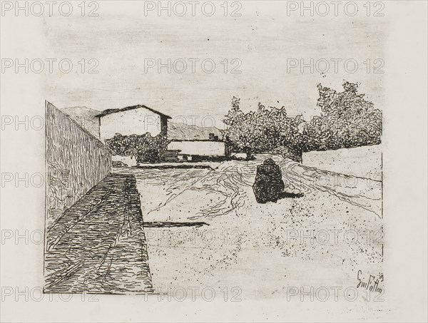 A Street, c. 1888, Giovanni Fattori, Italian, 1825-1908, Italy, Etching with drypoint on ivory wove paper, 115 x 143 mm (image), 137 x 186 mm (plate), 285 x 436 mm (sheet)