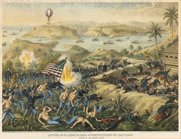 Capture of El Canoy, El Paso, 1898, Unknown Artist, published by Kurz and Allison (American, founded in Chicago, 1880), United States, Color lithograph on off-white wove paper, 445 x 650 mm (image, sight), 485 x 625 mm (sheet, sight)