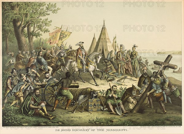 DeSoto’s Discovery of the Mississippi River, 1896, Unknown Artist, published by Kurz and Allison (American, founded in Chicago, 1880), United States, Color lithograph on off-white wove paper, 442 x 640 mm (image, sight), 485 x 655 mm (sheet, sight)