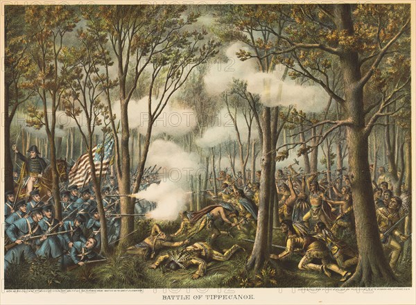 Battle of Tippecanoe, 1889, Unknown Artist, published by Kurz and Allison (American, founded in Chicago, 1880), United States, Color lithograph on off-white wove paper, 442 x 635 mm (image, sight), 480 x 655 mm (sheet, sight)