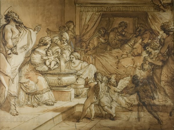 Birth of the Virgin, c. 1784, Giuseppe Cades, Italian, 1750-1799, Italy, Pen and brown ink with pen and brown wash, over traces of graphite, heightened with white gouache (discolored), on ivory laid paper, 420 x 560 mm