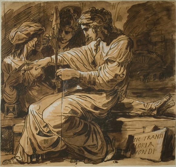 The Three Fates, 1810/20, Felice Giani, Italian, 1758-1823, Italy, Pen and brown ink and brush and brown wash, over traces of graphite, heightened with white gouache on buff laid paper, 266 x 285 mm