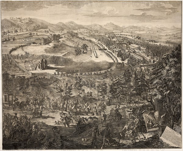 Kuks Baden, Bohemia, c. 1725, Unknown Artist (German, 18th century), printed and published by Johann Christian Müller (German, 18th century), Germany, Engraving and etching (recto) and woodblock print (verso) in black on cream laid paper, 653 × 789 mm (image), 660 × 798 mm (sheet, trimmed within platemark)